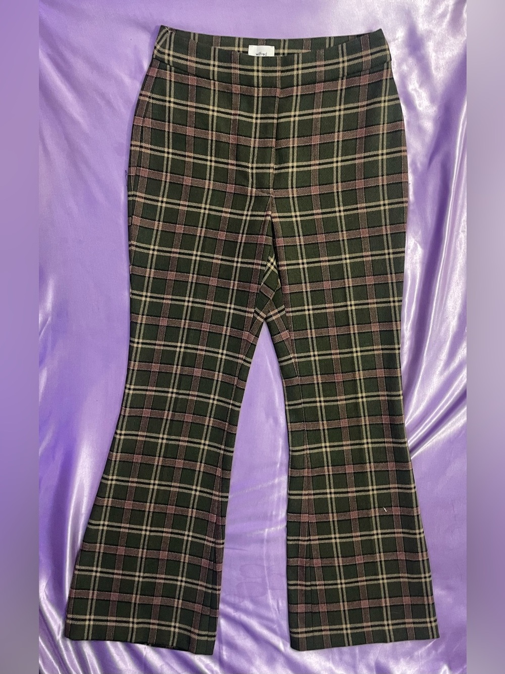 Wilfred Free Aritzia Tailored Green Plaid Flared Trousers dark academia 4/28”